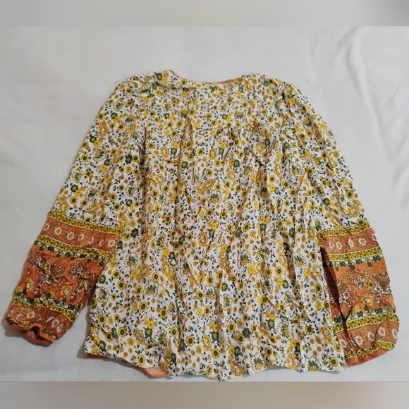 Boho Tie-Neck Floral Blouse in Orange and White - Picture 9 of 11
